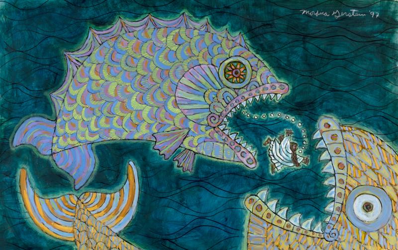 Illustration of man swimming between two fishes.