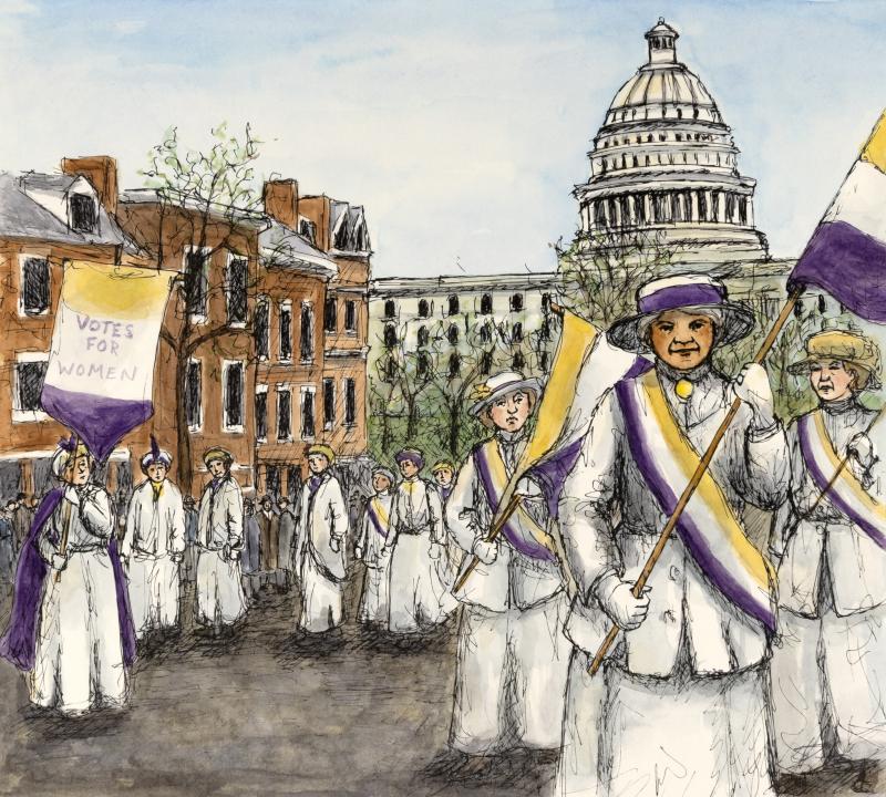 Illustration of women marching in white suit dresses for right to vote.