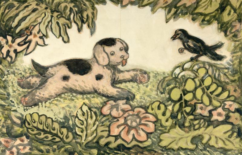 Illustration of dog in field with black bird.