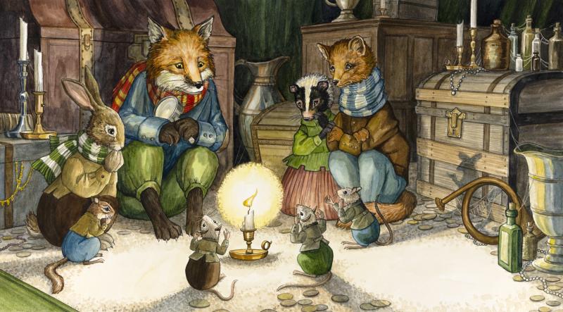 Illustration of fox and animal friends sitting around candlestick.
