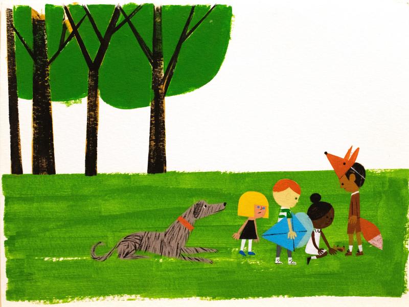 Children and dog in field