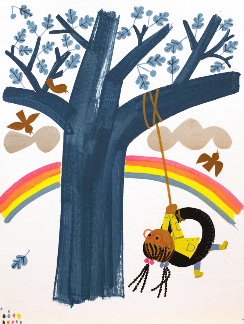 Child swinging in tire swing on blue tree with rainbow in background.