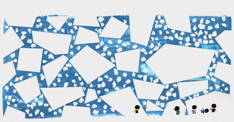 Illustration of children standing on sheets of broken ice.