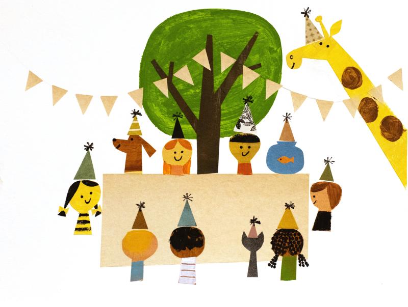 Children and giraffe sitting around table