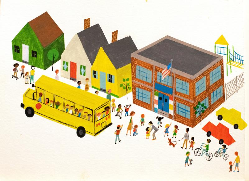 Illustration of children leaving bus for school.