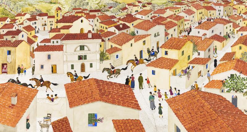 Illustration of red tile buildings.