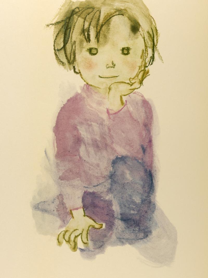 Watercolor of child sitting on knees.