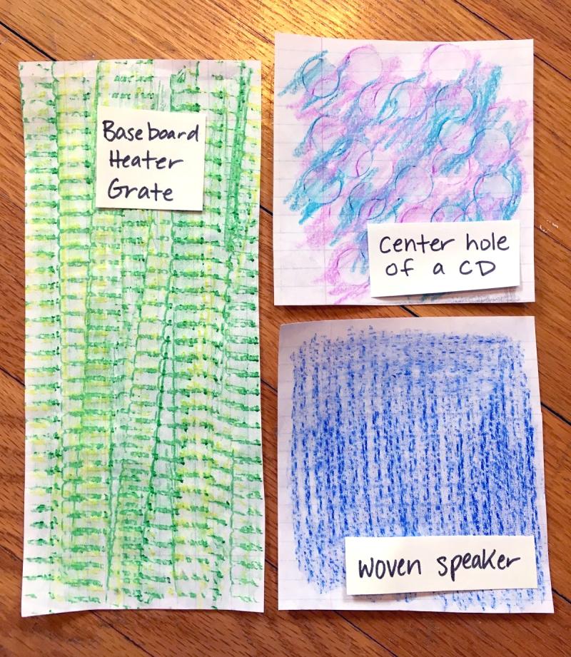 Colorful texture rubbings made from a baseboard heater grate, the center hole of a CD, and a woven speaker