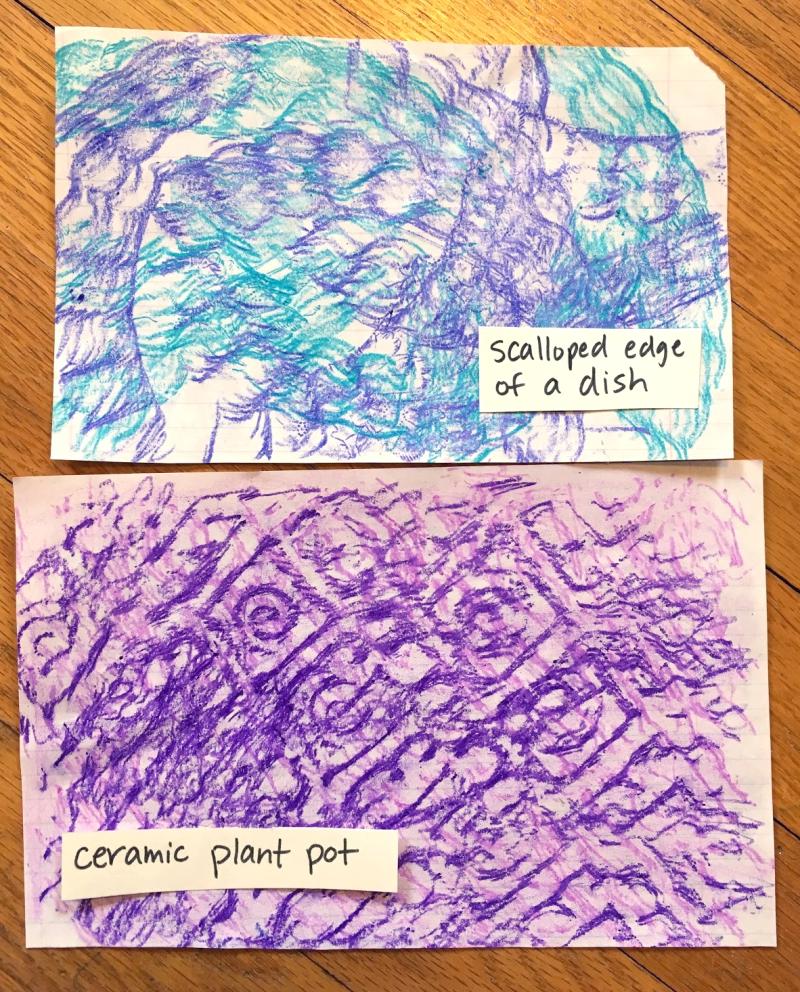 Colorful texture rubbings made from the scalloped edge of a dish and a ceramic plant pot,