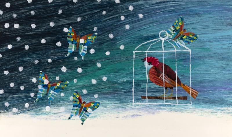 Illustration of butterflies and bird in cage.