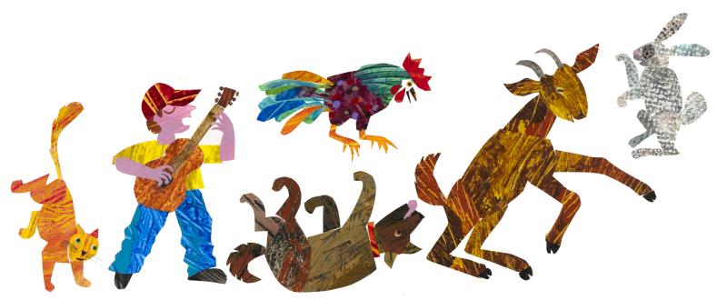 Illustration of cat, boy, rooster, dog, goat, and bunny.