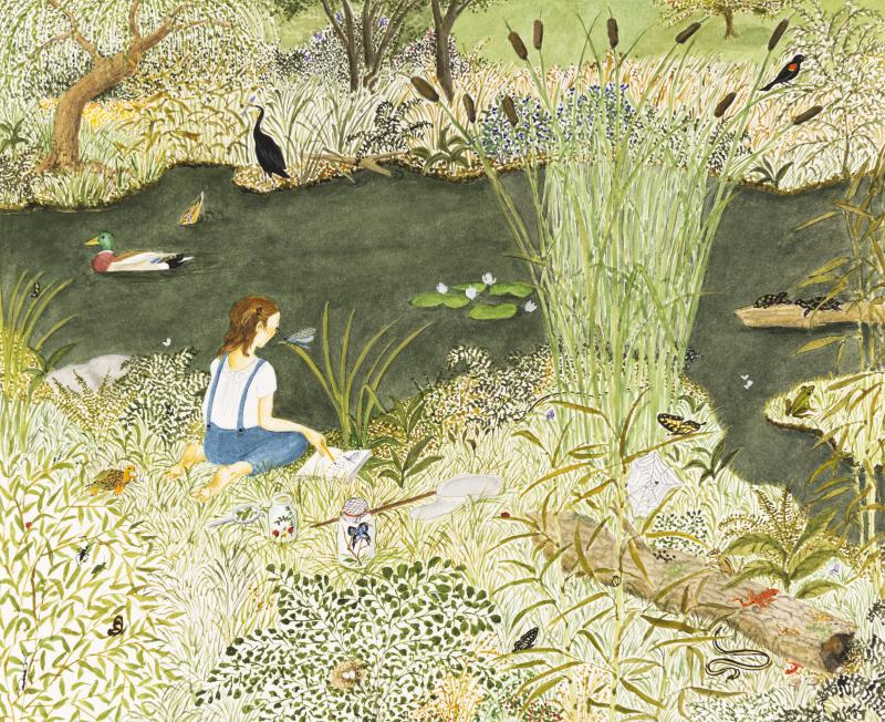 Illustration of girl at pondside.