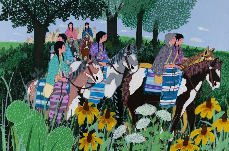 Illustration of women riding horses through flowery field.