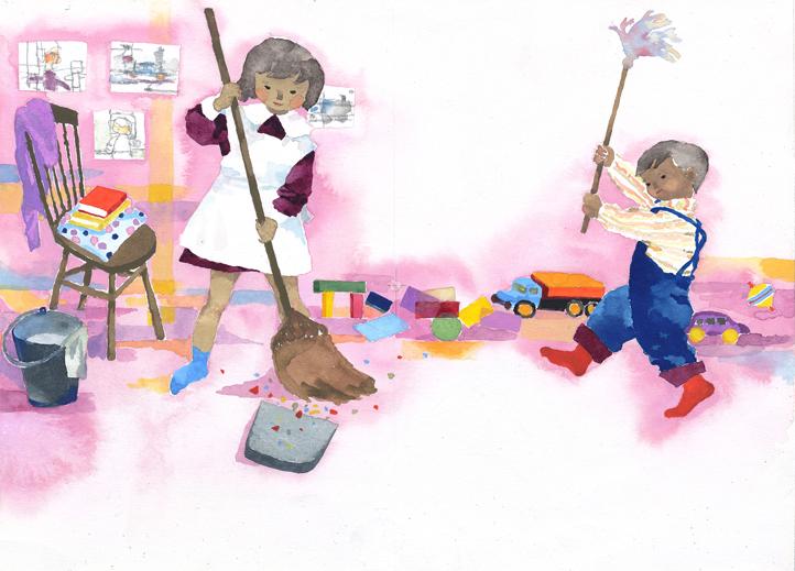 Two children, each holding a broom and  mop, cleaning a room full of toys, books, and drawings.