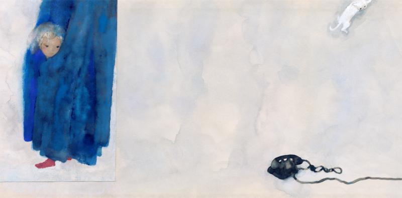 Girl standing behind a blue curtain, staring at a corded telephone on the floor.