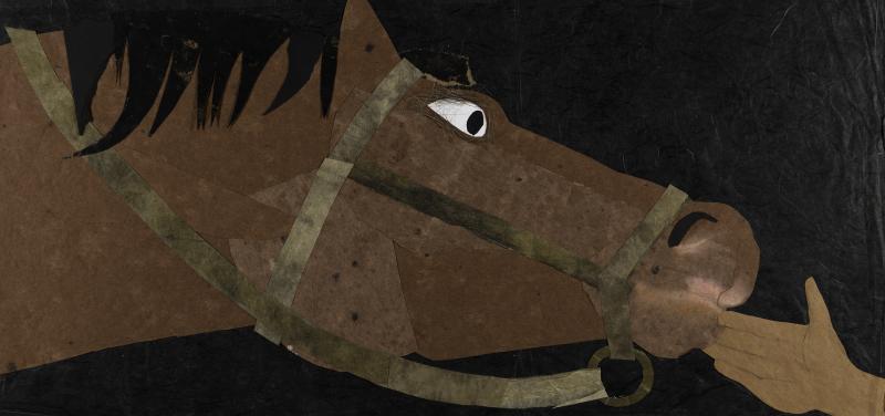 Collage of horse with hand reaching out.