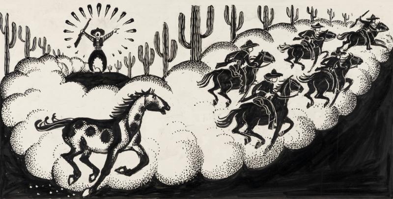 Illustration of horses stampeding in dust.