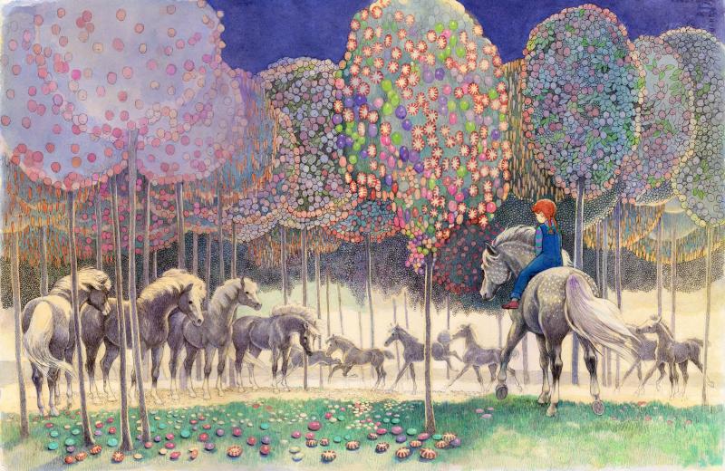 A girl sits on a gray spotted horse, surrounded by ten other horses and colorful trees.