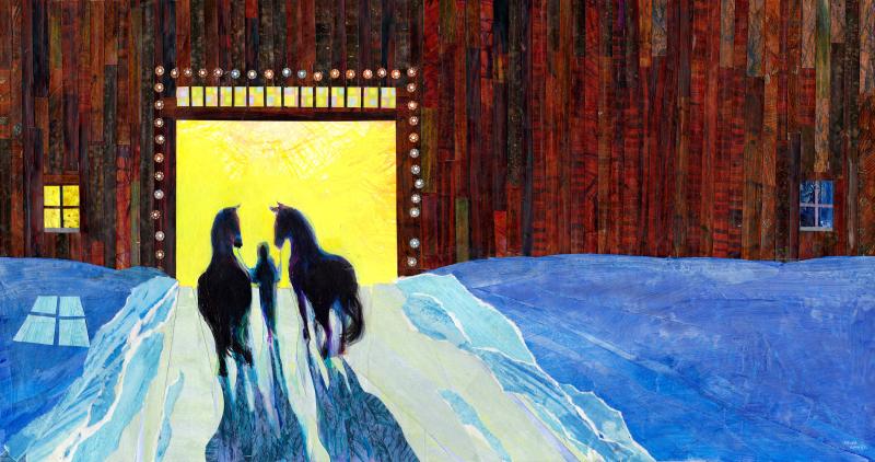 Illustration of horses leaving barn with handler.