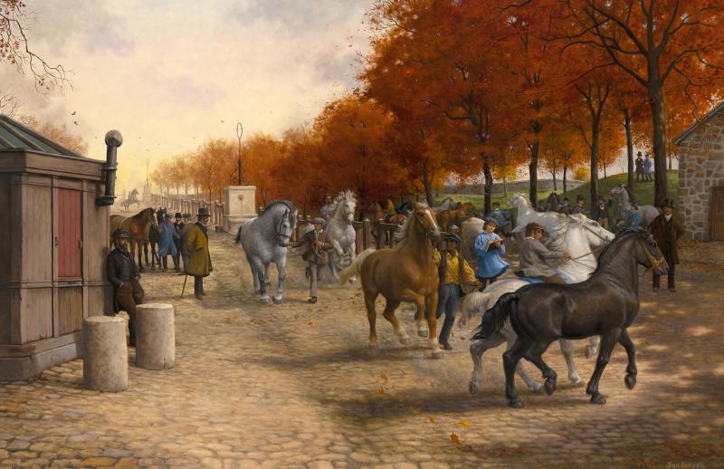 Illustration of horses on cobblestone road
