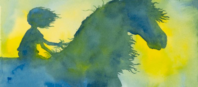 Watercolor of children on horseback in green and blue washes.