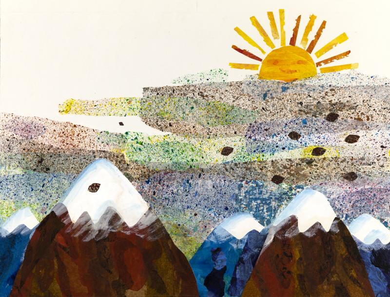 Illustration of mountains and sun.