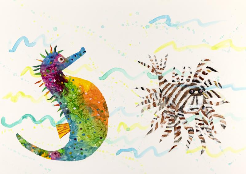 Illustration of seahorse and fish.