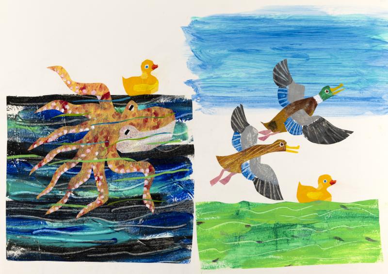 Illustration of octopus and birds.