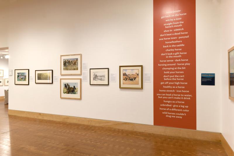Photograph of installation showing art on walls.