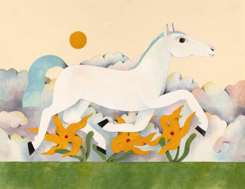 Illustration of a horse galloping through flowers.