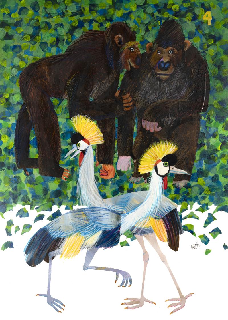 Illustration of gorillas and two birds.
