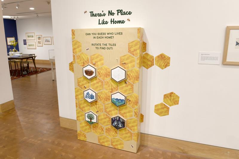 Photograph of gallery showing framed art and graphics.