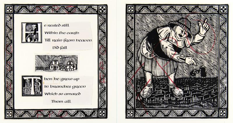 Illustration of manuscript pages and person sowing seed.