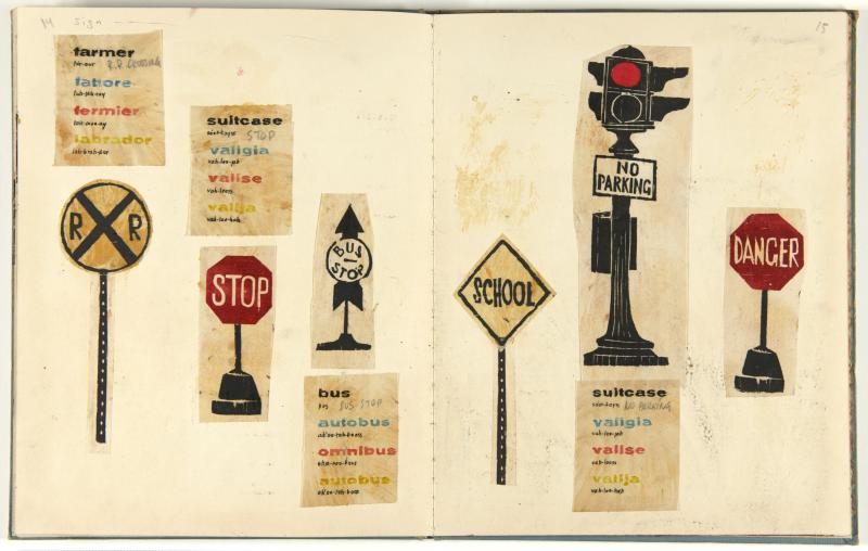 Illustration of various road signs in woodblock print.