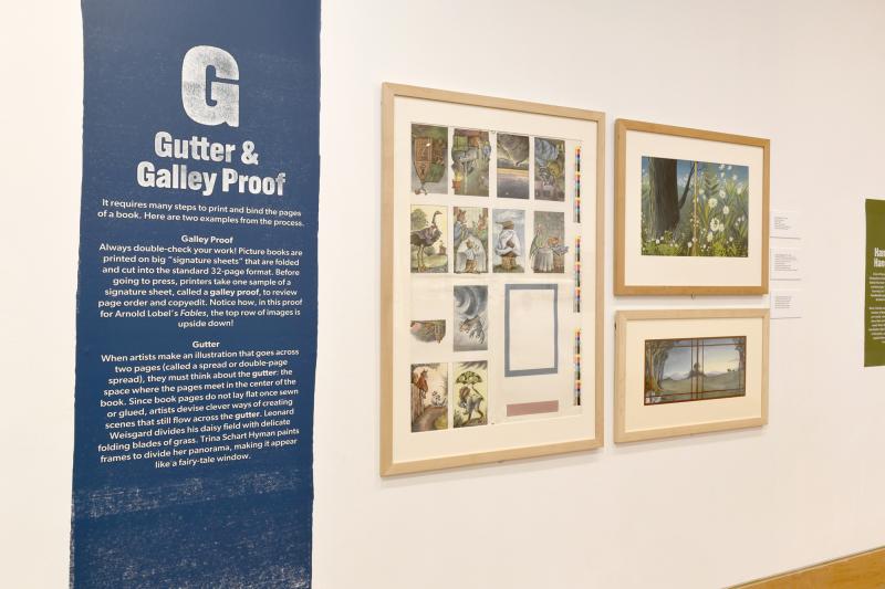 Photograph of gallery showing framed art and graphics.
