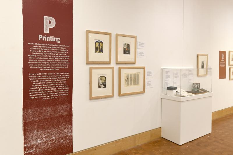 Photograph of gallery showing framed art and graphics.