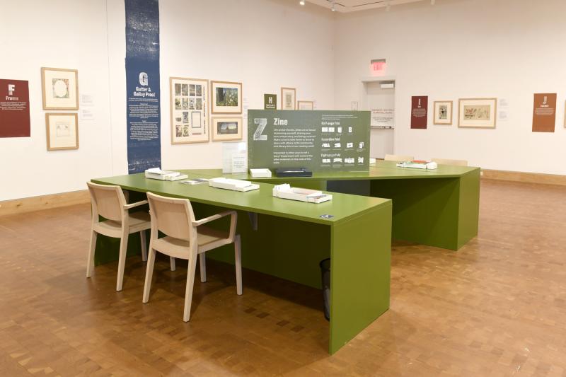 Photograph of gallery showing framed art and graphics.