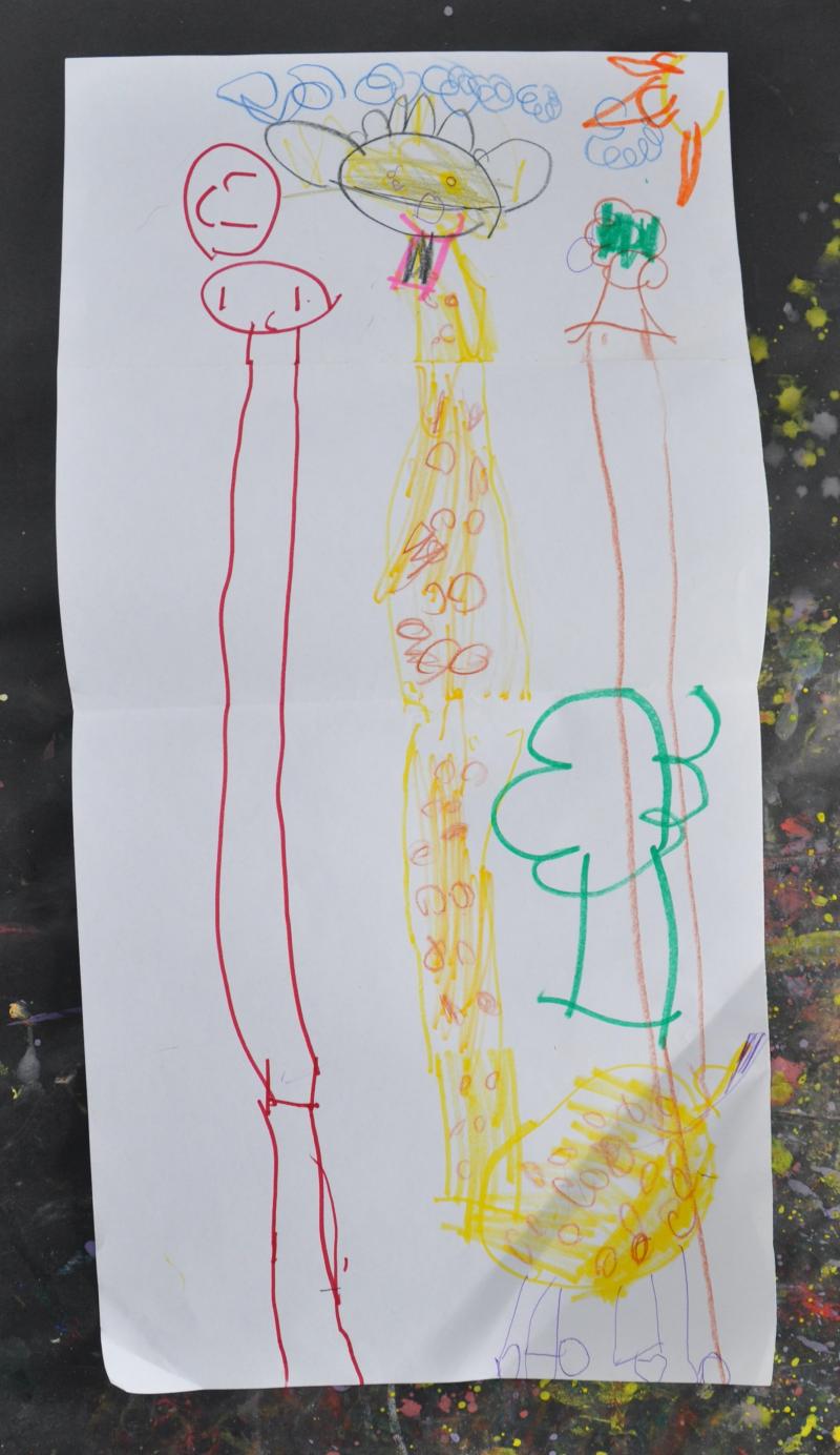 A child's unfolded flipflap drawing of a giraffe and friends expanded. The giraffe has a long tall neck and the friend has a long torso