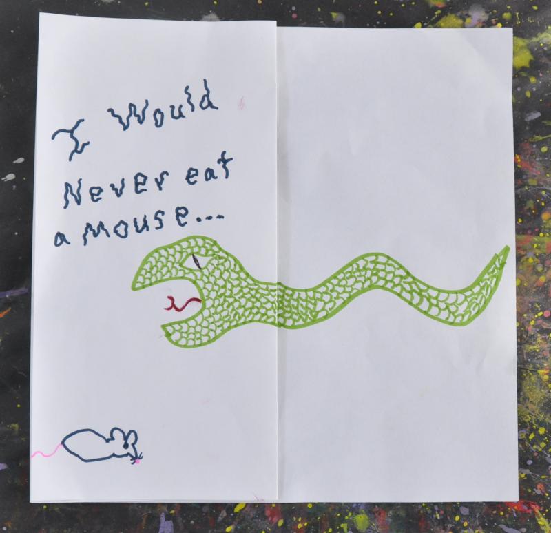 Drawing of a snake and a mouse. In squiggly text reads&quot;I would never eat a mouse...&quot;