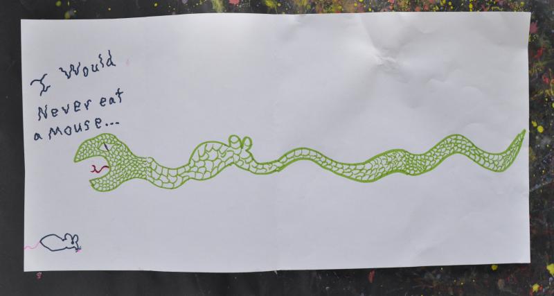 Drawing of a snake and a mouse. In squiggly text reads&quot;I would never eat a mouse...&quot; torso of the snake is the shape of a mouse