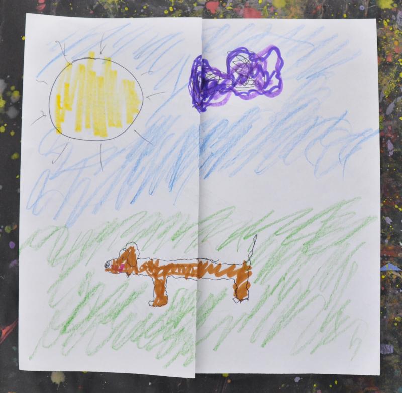 A drawing of a small brown dog outside under a bright yellow sun and purple cloud