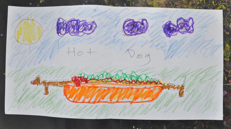 Expanded drawing of a dog with a hot dog as it's torso