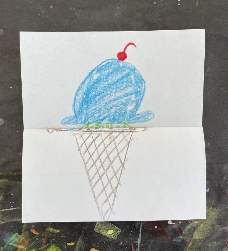 Drawing one scoop of blue ice cream in a cone with a red cherry on top