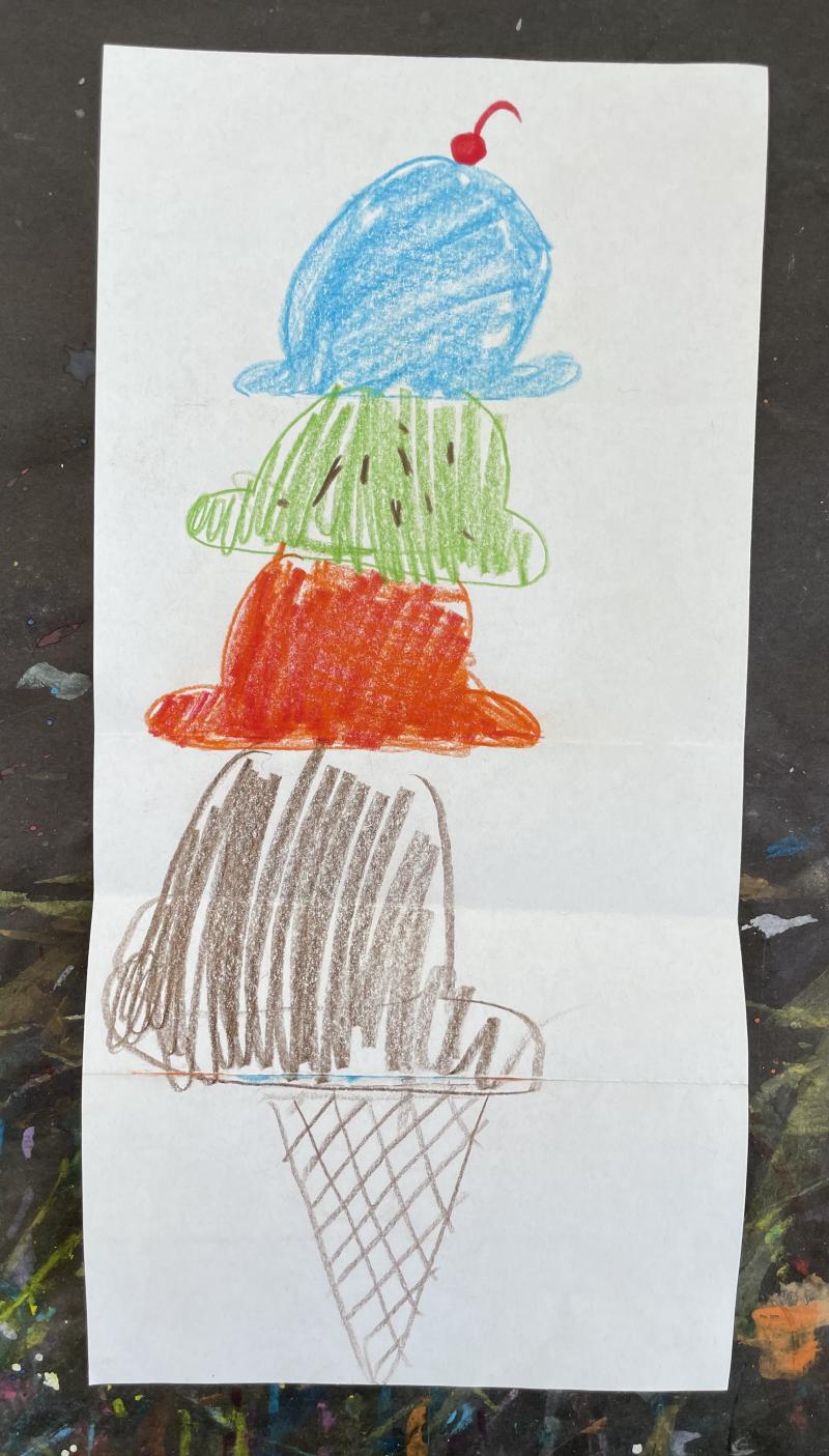 Drawing of four scoops of brown, red, green and blue ice cream in a cone with a cherry on top