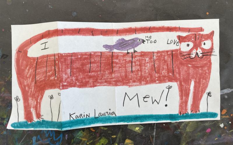 Expanded drawing of an orange cat with a long torso on a patch of grass with some simple flowers. Image says &quot;I Love Mew&quot; There is a lavender bird on the cat's back that says &quot;me too!&quot; on a long rectangle sheet of paper