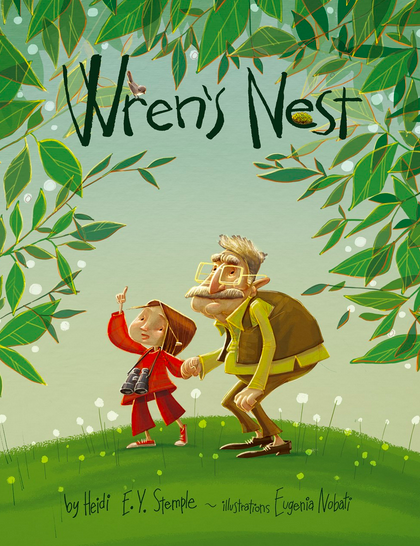 A child and her grandfather look up at the trees.