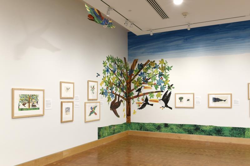 Photograph of gallery showing framed art and graphics.