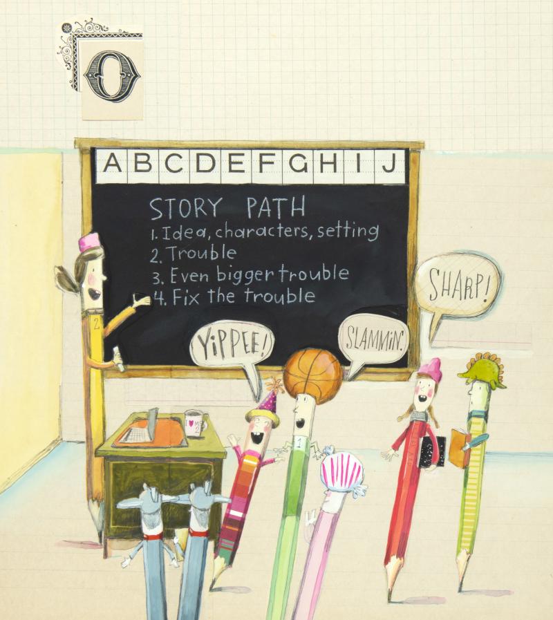 Illustration of pencils in classroom.