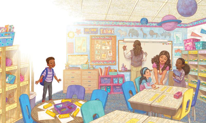 A black child stands in the doorway of a classroom, showing 2 children and 2 adults, desks and chairs, and classroom decorations.