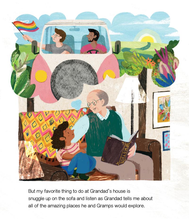 A child and grandfather sit on a sofa looking at a photo album as the grandfather shares memories.